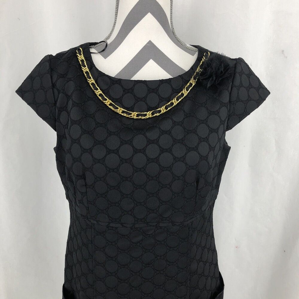 SANDRA DARREN Black Cap Sleeve Pockets Circle Pattern A-Line Dress 10